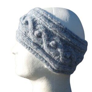 Handmade Alpaca Aran Cabled Headband Women’s Knit Blue Celtic Bobbles Ear Warmer